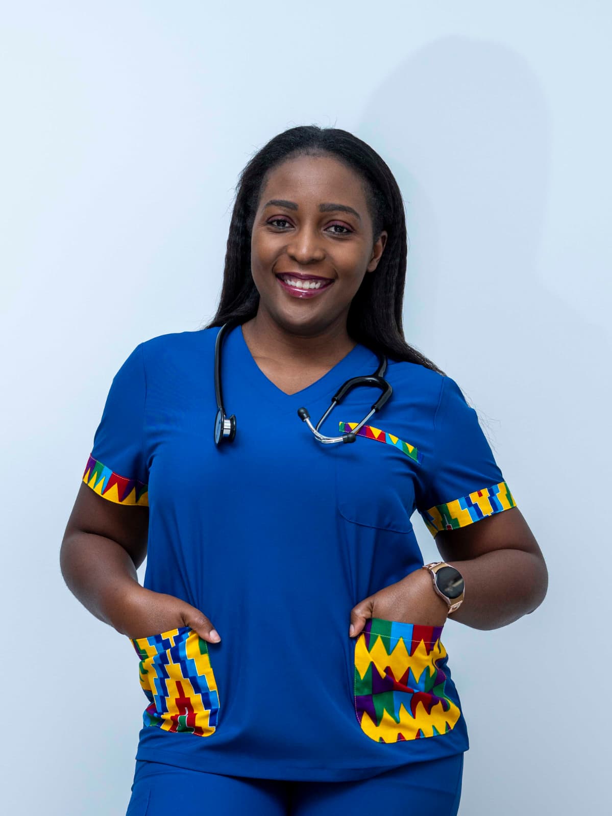 Scrub top showing African-inspired pocket detail